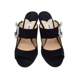 Jimmy Choo Black Suede Saf Crystal Embellished Buckle Slide Sandals Size 36