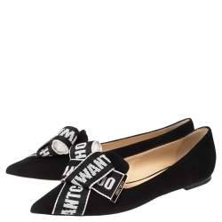 Pre Owned Jimmy Choo Black Suede Logo Bow Gleam Pointed Toe Ballet Flats Size 40