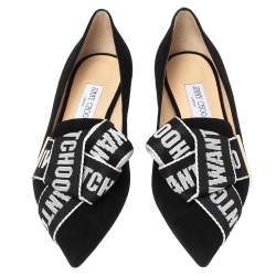 Pre Owned Jimmy Choo Black Suede Logo Bow Gleam Pointed Toe Ballet Flats Size 40