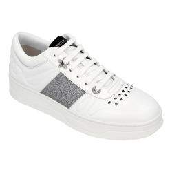 Pre Owned Jimmy Choo White/Silver Calf Leather Coarse Glitter Stripe Hawaii Sneakers Size EU 36