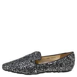 Pre Owned Jimmy Choo Black/Silver Glitter Wheel Smoking Slippers Size 39.5