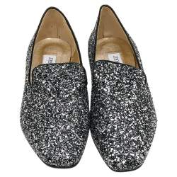Pre Owned Jimmy Choo Black/Silver Glitter Wheel Smoking Slippers Size 39.5