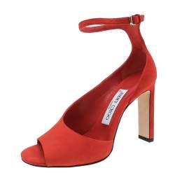 Pre Owned Jimmy Choo Orange Suede Theresa Peep Toe Ankle Strap Sandals Size 35