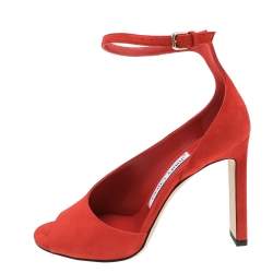 Pre Owned Jimmy Choo Orange Suede Theresa Peep Toe Ankle Strap Sandals Size 35
