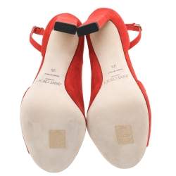 Pre Owned Jimmy Choo Orange Suede Theresa Peep Toe Ankle Strap Sandals Size 35