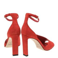 Pre Owned Jimmy Choo Orange Suede Theresa Peep Toe Ankle Strap Sandals Size 35