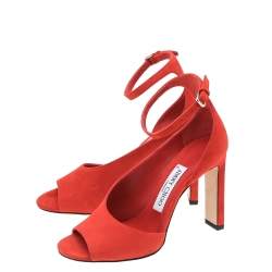 Pre Owned Jimmy Choo Orange Suede Theresa Peep Toe Ankle Strap Sandals Size 35