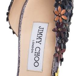 Pre Owned Jimmy Choo Multicolor Glitter And Leather Floral Embellished Lorelai Ankle Strap Pumps Size 40.5