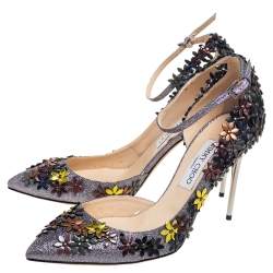 Pre Owned Jimmy Choo Multicolor Glitter And Leather Floral Embellished Lorelai Ankle Strap Pumps Size 40.5