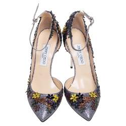 Pre Owned Jimmy Choo Multicolor Glitter And Leather Floral Embellished Lorelai Ankle Strap Pumps Size 40.5