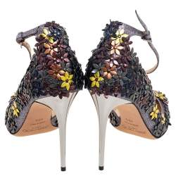 Pre Owned Jimmy Choo Multicolor Glitter And Leather Floral Embellished Lorelai Ankle Strap Pumps Size 40.5