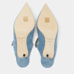 Pre Owned Jimmy Choo Blue Suede Crystal Embellished Strap Bing Mules Size 40