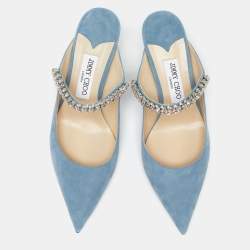 Pre Owned Jimmy Choo Blue Suede Crystal Embellished Strap Bing Mules Size 40