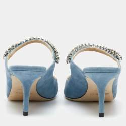 Pre Owned Jimmy Choo Blue Suede Crystal Embellished Strap Bing Mules Size 40