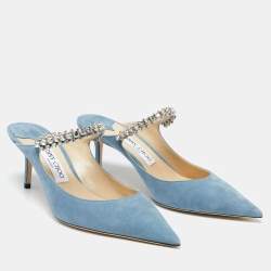 Pre Owned Jimmy Choo Blue Suede Crystal Embellished Strap Bing Mules Size 40