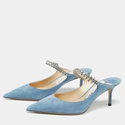 Pre Owned Jimmy Choo Blue Suede Crystal Embellished Strap Bing Mules Size 40
