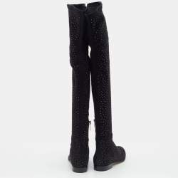 Pre Owned Jimmy Choo Black Stretch Fabric Myren Crystal Embellished Thigh High Boots Size 37.5