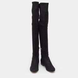 Pre Owned Jimmy Choo Black Stretch Fabric Myren Crystal Embellished Thigh High Boots Size 37.5