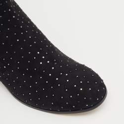 Pre Owned Jimmy Choo Black Stretch Fabric Myren Crystal Embellished Thigh High Boots Size 37.5