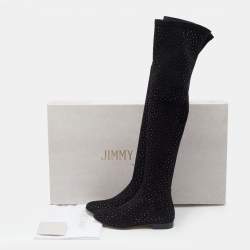 Pre Owned Jimmy Choo Black Stretch Fabric Myren Crystal Embellished Thigh High Boots Size 37.5