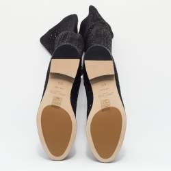 Pre Owned Jimmy Choo Black Stretch Fabric Myren Crystal Embellished Thigh High Boots Size 37.5