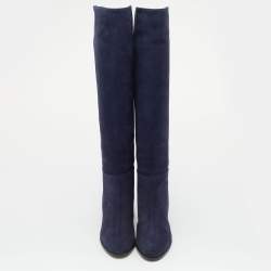 Pre Owned Jimmy Choo Navy Blue Suede Madalie Knee Length Boots Size 35