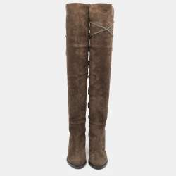 مملوكة مسبقًا Jimmy Choo Mink Brown Suede And Leather Mayfair Block Heel Thigh High Boots Size 36.5