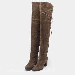 مملوكة مسبقًا Jimmy Choo Mink Brown Suede And Leather Mayfair Block Heel Thigh High Boots Size 36.5