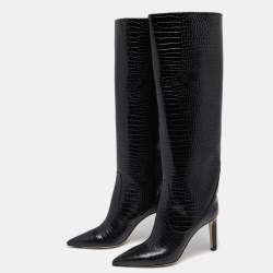 مملوكة مسبقًا Jimmy Choo Black Croc Embossed Leather Mavis Knee Length Boots Size 40