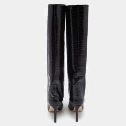 مملوكة مسبقًا Jimmy Choo Black Croc Embossed Leather Mavis Knee Length Boots Size 40