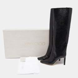 مملوكة مسبقًا Jimmy Choo Black Croc Embossed Leather Mavis Knee Length Boots Size 40