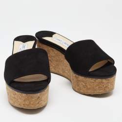 Pre Owned Jimmy Choo Black Suede Cork Wedge Platform Slide Sandals Size 39