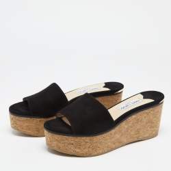 Pre Owned Jimmy Choo Black Suede Cork Wedge Platform Slide Sandals Size 39