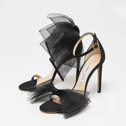 Pre Owned Jimmy Choo Black Fabric and Mesh Aveline Ankle-Strap Sandals Size 39.5