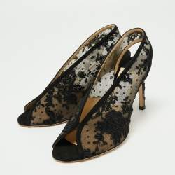 Pre Owned Jimmy Choo Black Lace and Leather Shar Slingback Sandals Size 39