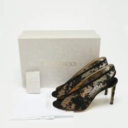 Pre Owned Jimmy Choo Black Lace and Leather Shar Slingback Sandals Size 39