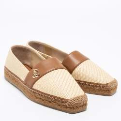 Pre Owned Jimmy Choo Beige/Brown Raffia And Leather Espadrille Flats Size 37
