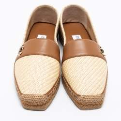 Pre Owned Jimmy Choo Beige/Brown Raffia And Leather Espadrille Flats Size 37