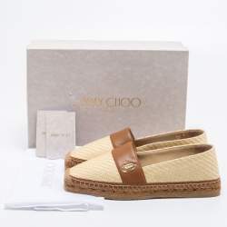 Pre Owned Jimmy Choo Beige/Brown Raffia And Leather Espadrille Flats Size 37