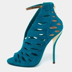 Pre Owned Jimmy Choo Teal Cutout Suede Tamber Ankle Strap Sandals Size 38