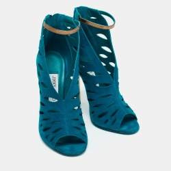 Pre Owned Jimmy Choo Teal Cutout Suede Tamber Ankle Strap Sandals Size 38