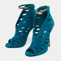 Pre Owned Jimmy Choo Teal Cutout Suede Tamber Ankle Strap Sandals Size 38