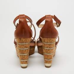 Pre Owned Jimmy Choo Brown Leather Cork Wedge Sandals Size 41