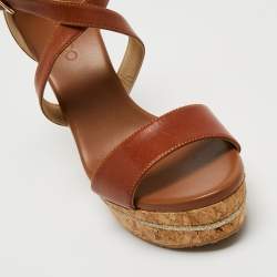 Pre Owned Jimmy Choo Brown Leather Cork Wedge Sandals Size 41