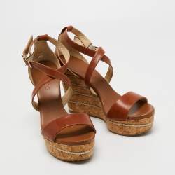 Pre Owned Jimmy Choo Brown Leather Cork Wedge Sandals Size 41