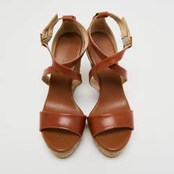 Pre Owned Jimmy Choo Brown Leather Cork Wedge Sandals Size 41