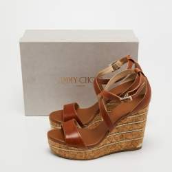 Pre Owned Jimmy Choo Brown Leather Cork Wedge Sandals Size 41
