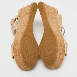 Jimmy Choo Beige Patent Leather Cork Wedge Cross Strap Sandals Size 38.5 