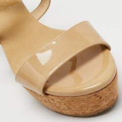 Jimmy Choo Beige Patent Leather Cork Wedge Cross Strap Sandals Size 38.5 