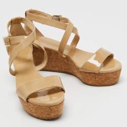 Jimmy Choo Beige Patent Leather Cork Wedge Cross Strap Sandals Size 38.5 